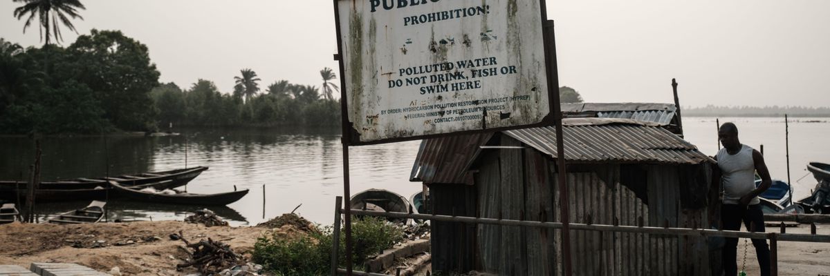 A polluted body of water is seen in the Bodo village of Ogoniland, which is part of the Niger Delta region, Nigeria, on Feburuary 19, 2019.