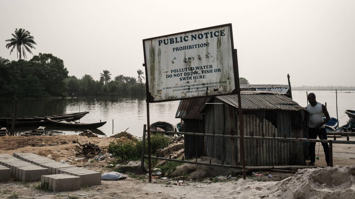 A polluted body of water is seen in the Bodo village of Ogoniland, which is part of the Niger Delta region, Nigeria, on Feburuary 19, 2019.