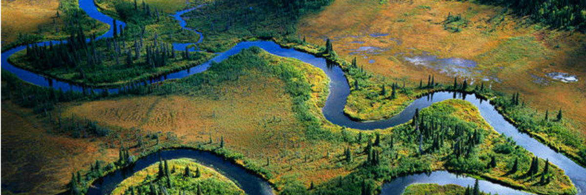 A portion of the Bristol Bay watershed is seen from above.