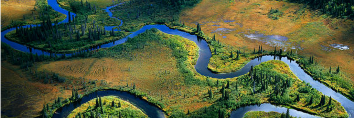 A portion of the Bristol Bay watershed is seen from above. 