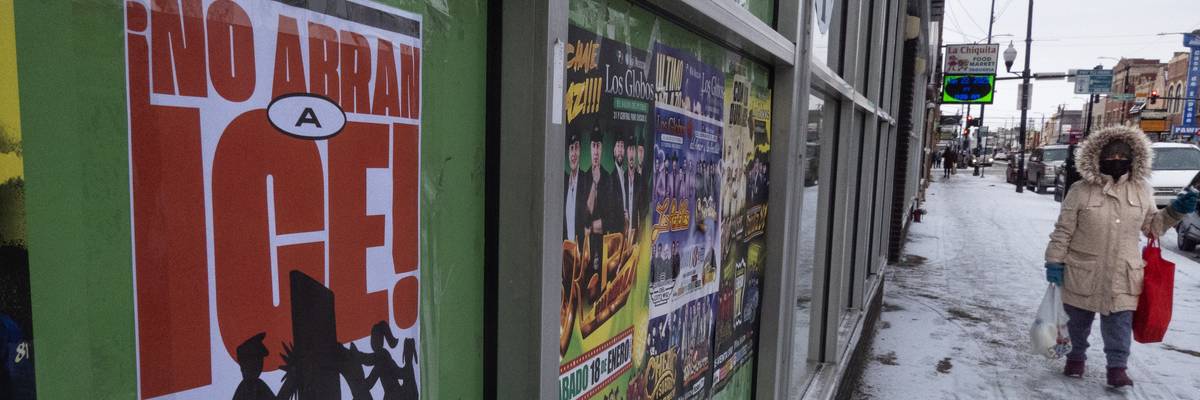 A poster calling on U.S. Immigration and Customs Enforcement (ICE)