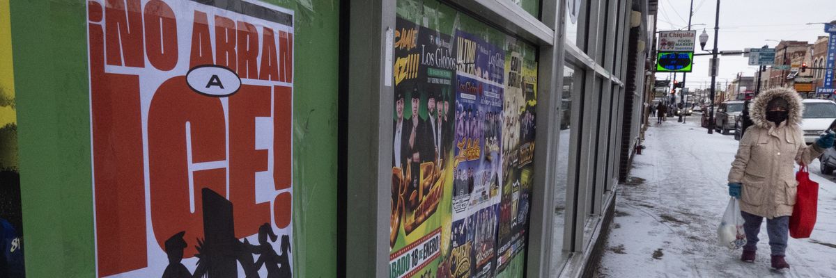 A poster calling on U.S. Immigration and Customs Enforcement (ICE)