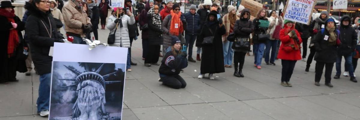 A poster with an image of the face of the Statue of Liberty