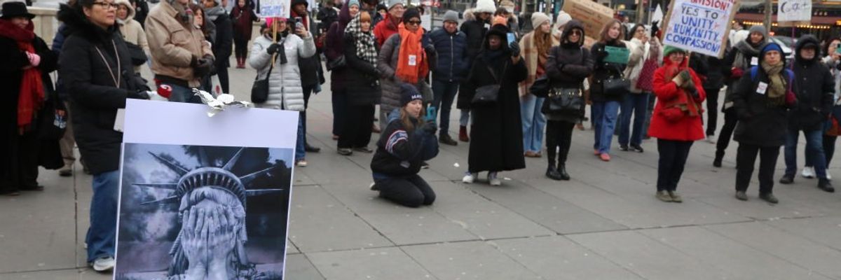 A poster with an image of the face of the Statue of Liberty
