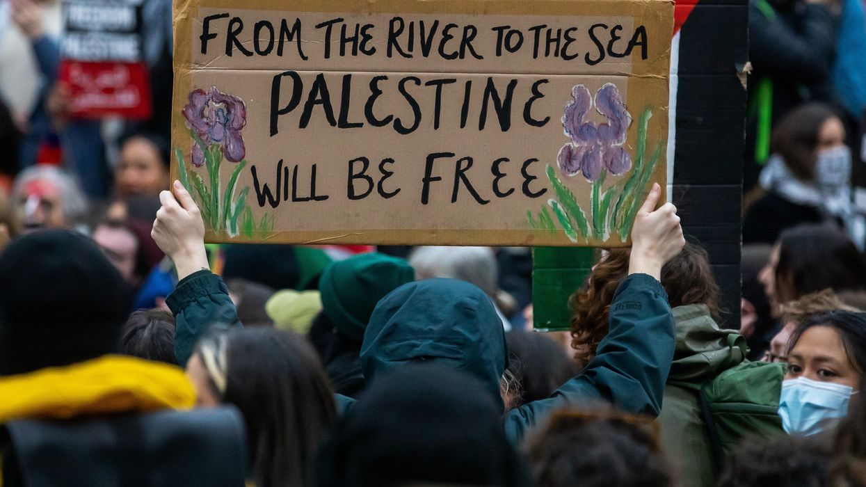 A pro-Palestinian activist holds up a sign reading ‘From The River To The Sea, Palestine Will Be Free.
