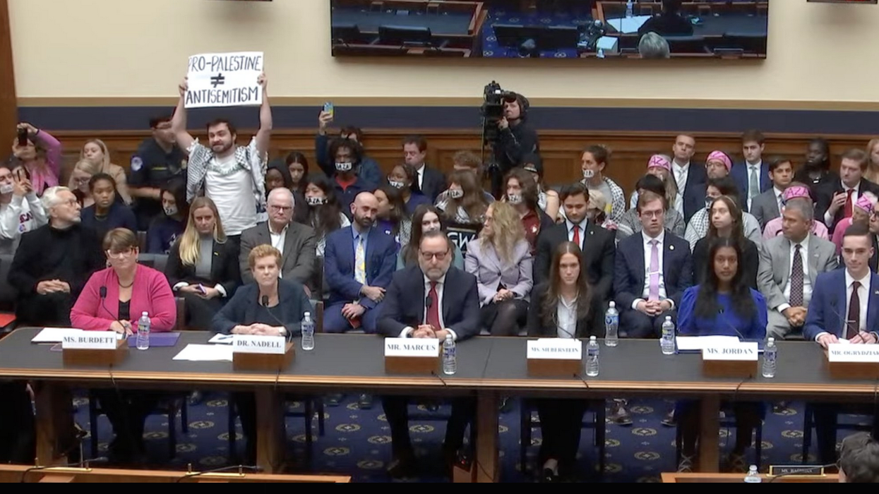 A pro-Palestinian rights protester holds a sign.