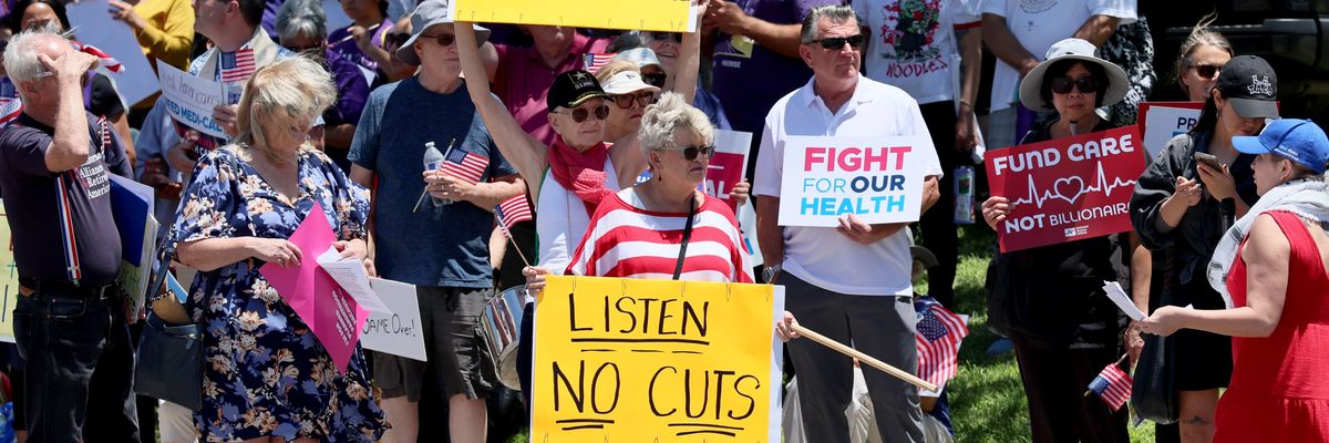 A protest co-led by the California Nurses Assn. called on Rep. Young Kim (R-Anaheim Hills) to vote against President Donald Trump's spending bill that would slash spending on healthcare and other federal safety net programs while extending tax cuts outsid