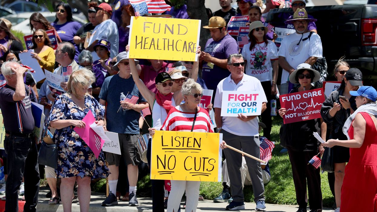 A protest co-led by the California Nurses Assn. called on Rep. Young Kim (R-Anaheim Hills) to vote against President Donald Trump's spending bill that would slash spending on healthcare and other federal safety net programs while extending tax cuts outsid