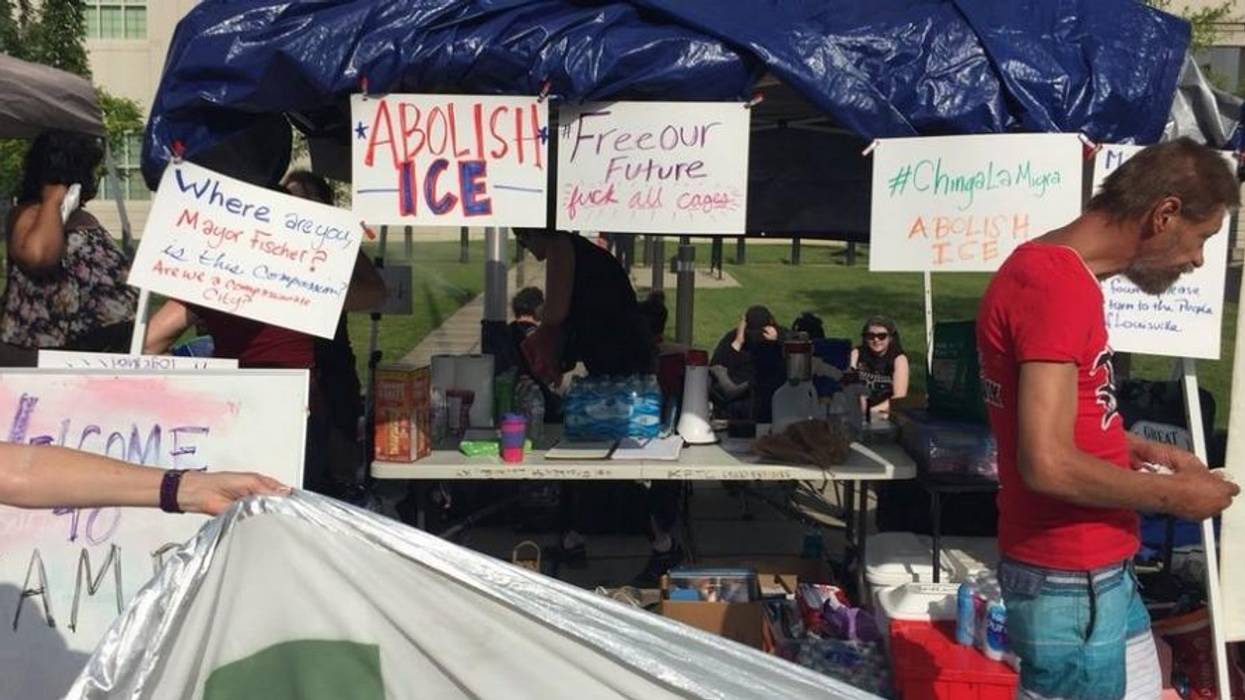 A protest encampment outside an ICE facility.