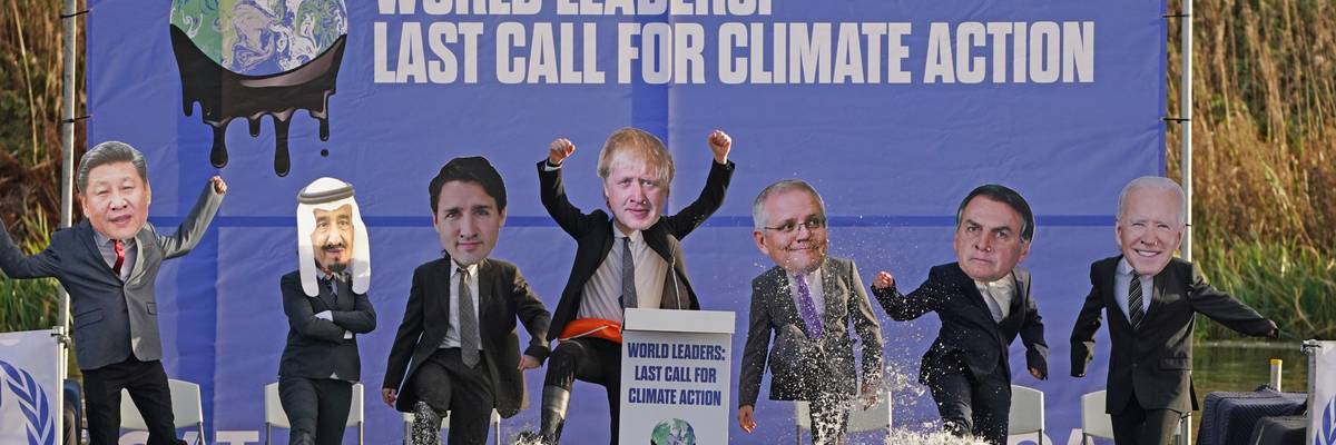 A protest targets world leaders at COP26.