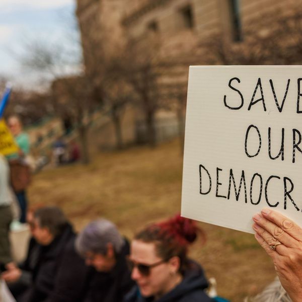 A protester holds a sign reading "Save our Democracy"...