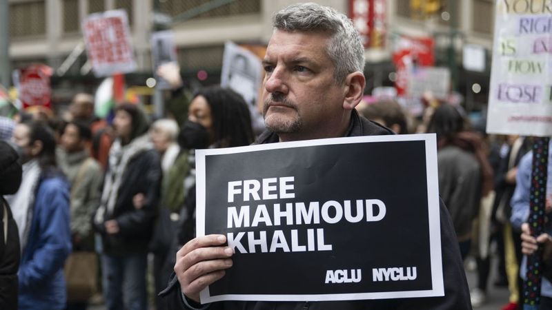 A rally in support of pro-Palestinian activist Mahmoud Khalil in Times Square.