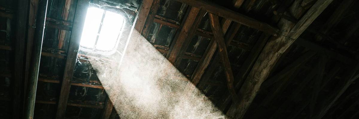 A ray of sun enters a dusty attic through a window.