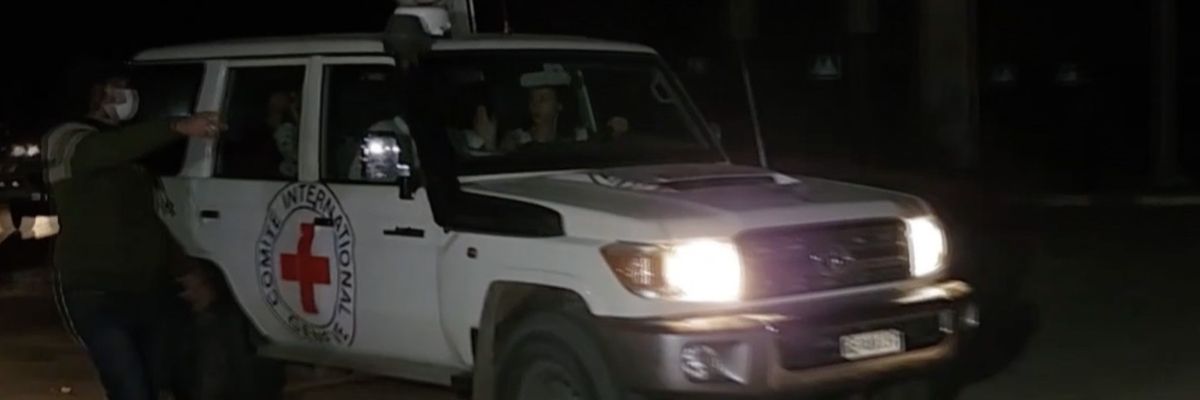 A Red Cross van carrying hostages out of Gaza.