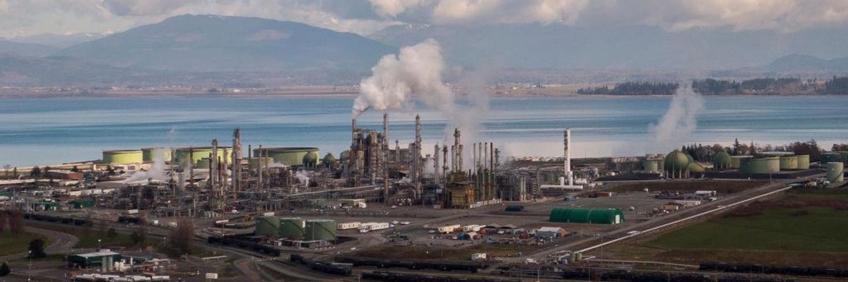 A refinery operated by Marathon Petroleum is seen on March 8, 2022 in Anacortes, Washington.