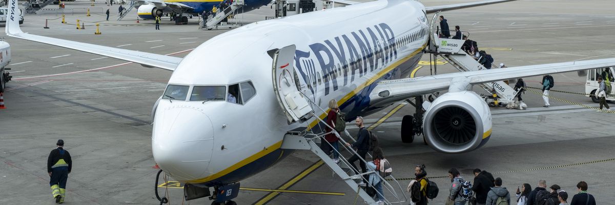 A Ryanair aircraft is pictured on the tarmac at Cologne Airport