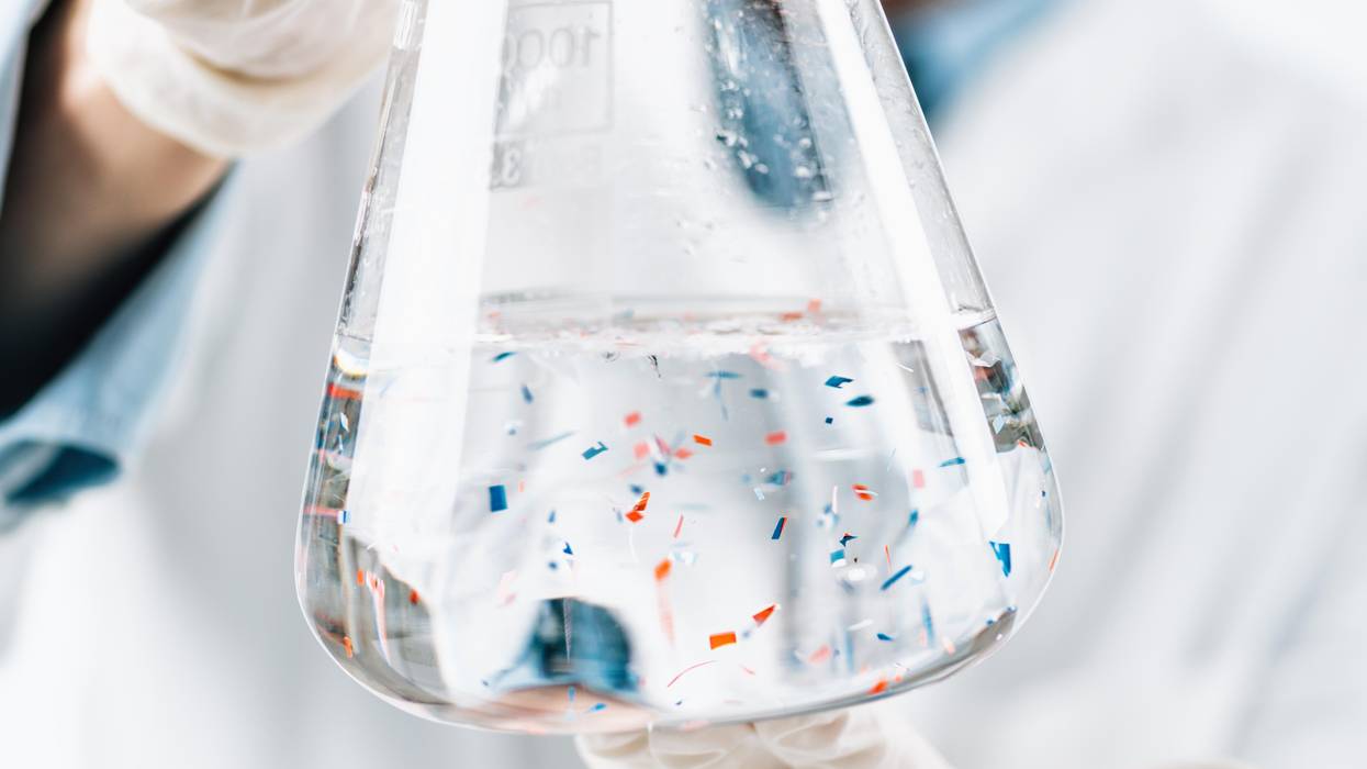 A scientist observes microplastics in a lab.