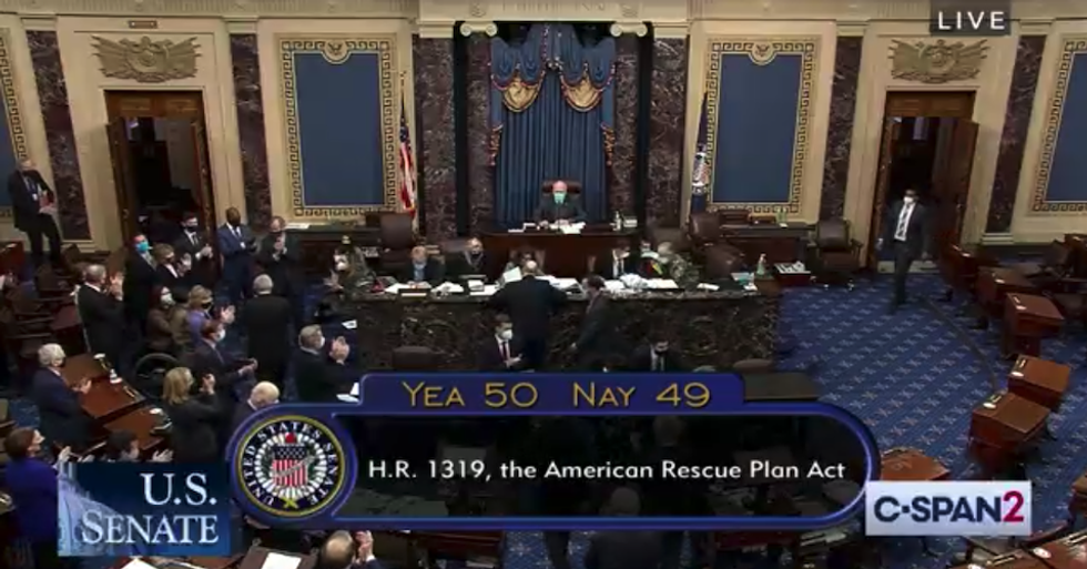 A screengrab from C-Span shows the chamber immediately following the vote on the Democrats' coronavirus rescue package.