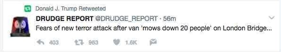 A screengrab of Donald Trump's retweet of a tweet from the Drudge Report. (Photo: Twitter)