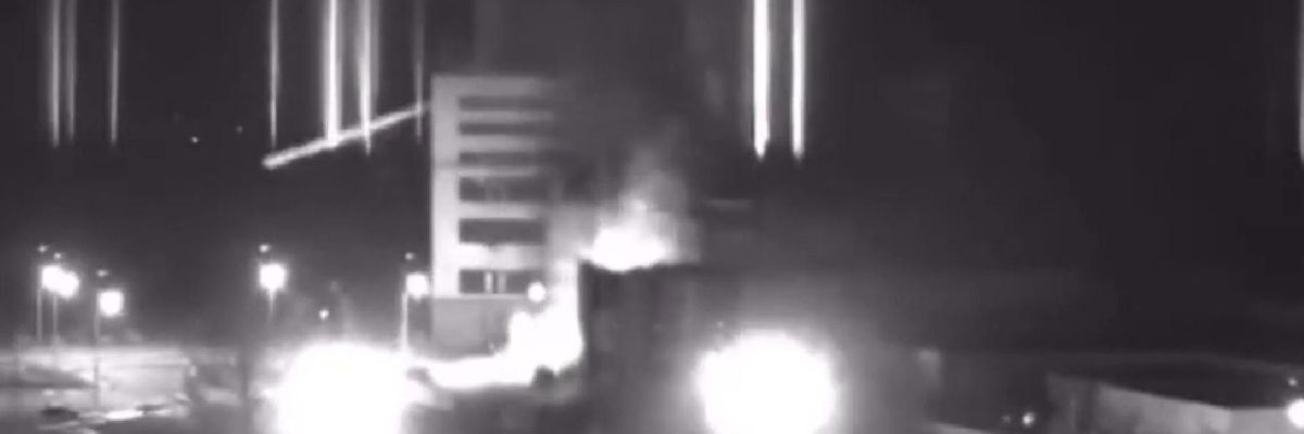A screengrab shows a fire at Zaporizhizhia nuclear plant
