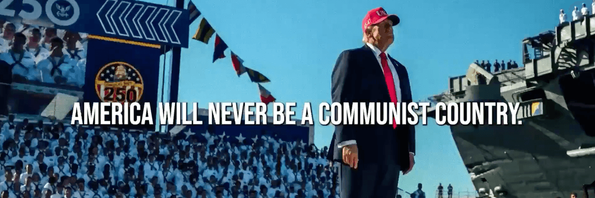 A screenshot of Trump's "Love Me" ad shows him standing before hundreds of troops in a red MAGA hat