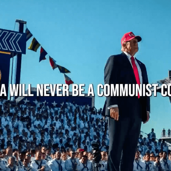 A screenshot of Trump's "Love Me" ad shows him standing before hundreds of troops in a red MAGA hat