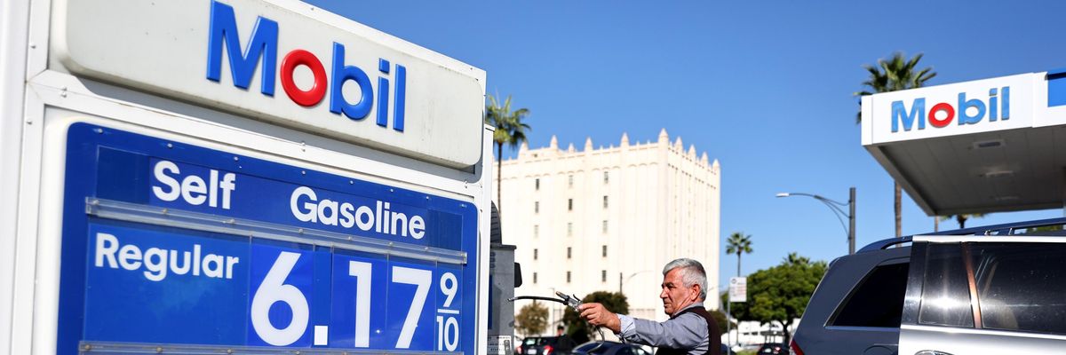 A sign at a Mobil station shows high gas prices on October 28, 2022 in Los Angeles, California.