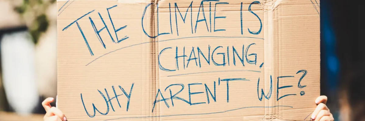A sign at a protest reads, "The climate is changing, why aren't we?"