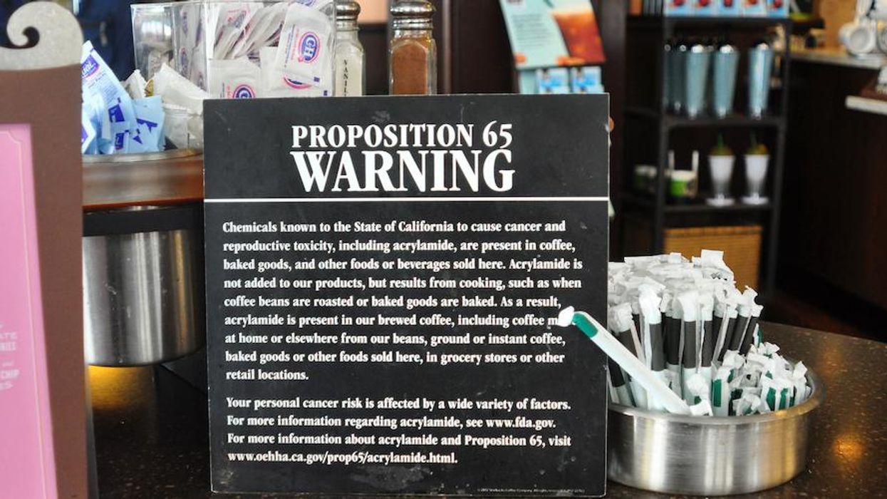 A sign in a San Francisco Starbucks coffee shop warns customers that coffee and baked goods sold at the shop and elsewhere contain acrylamide, a chemical known to cause cancer and reproductive toxicity.
