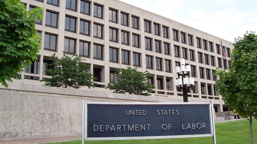 A sign outside the U.S. Department of Labor headquarters 