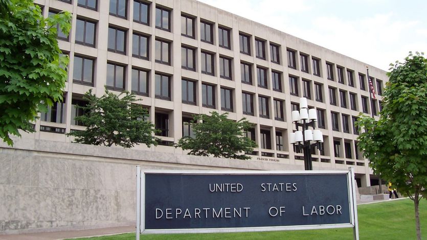 A sign outside the U.S. Department of Labor headquarters