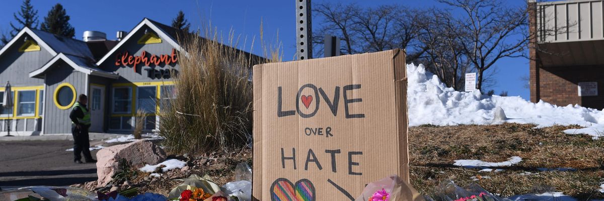 A sign reading "Love Over Hate" outside Club Q in Colorado Springs