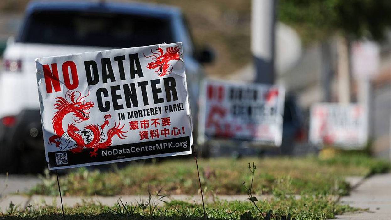 A sign reads "No data center in Monterey Park.