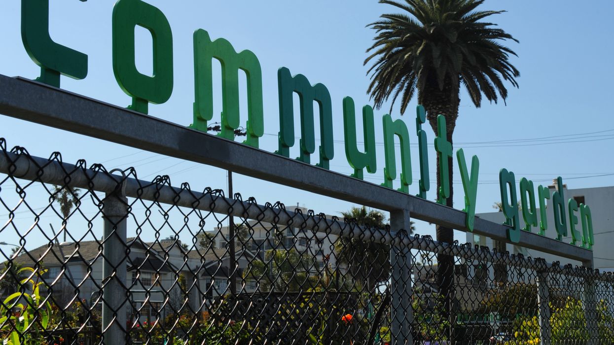 A sign saying Community Garden over a chain-link fence.
