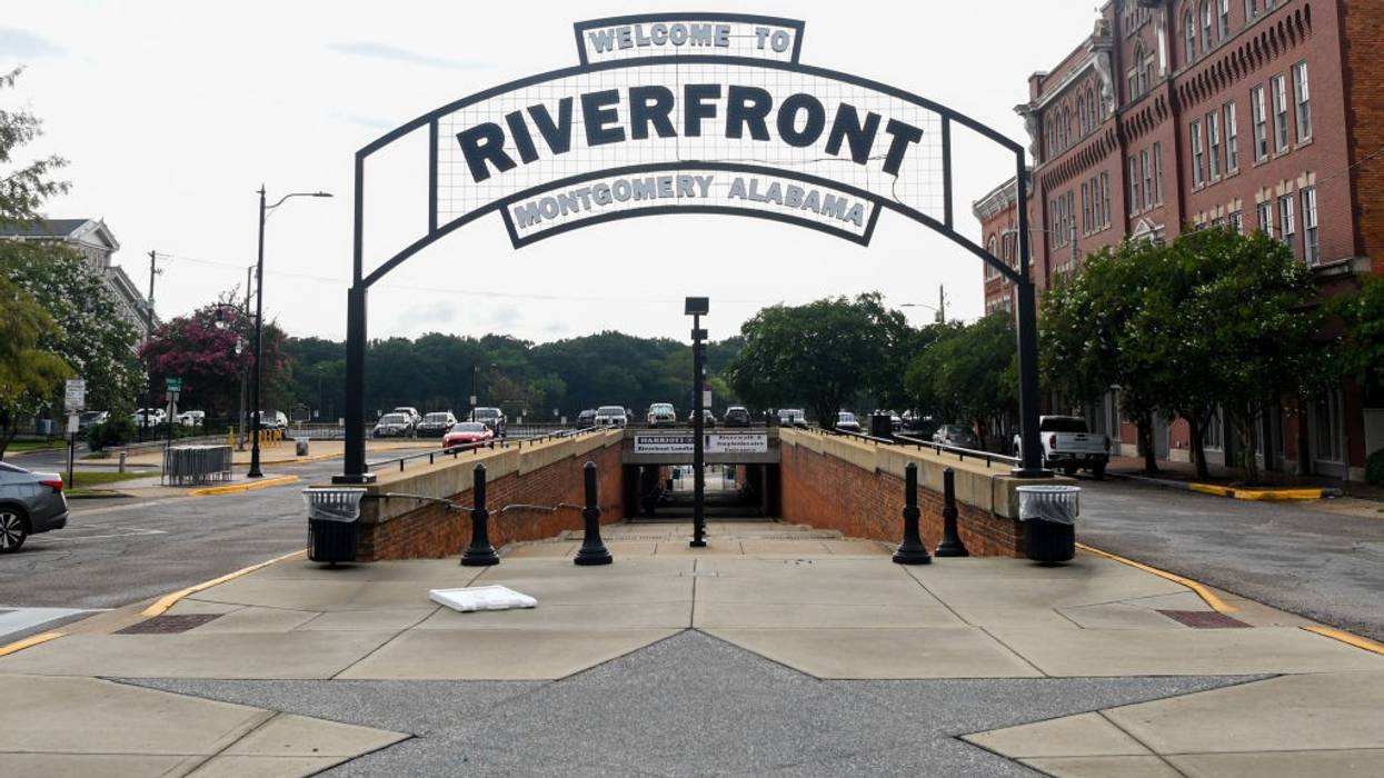 A sign saying, "Welcome to Riverfront, Montgomery, Alabama."