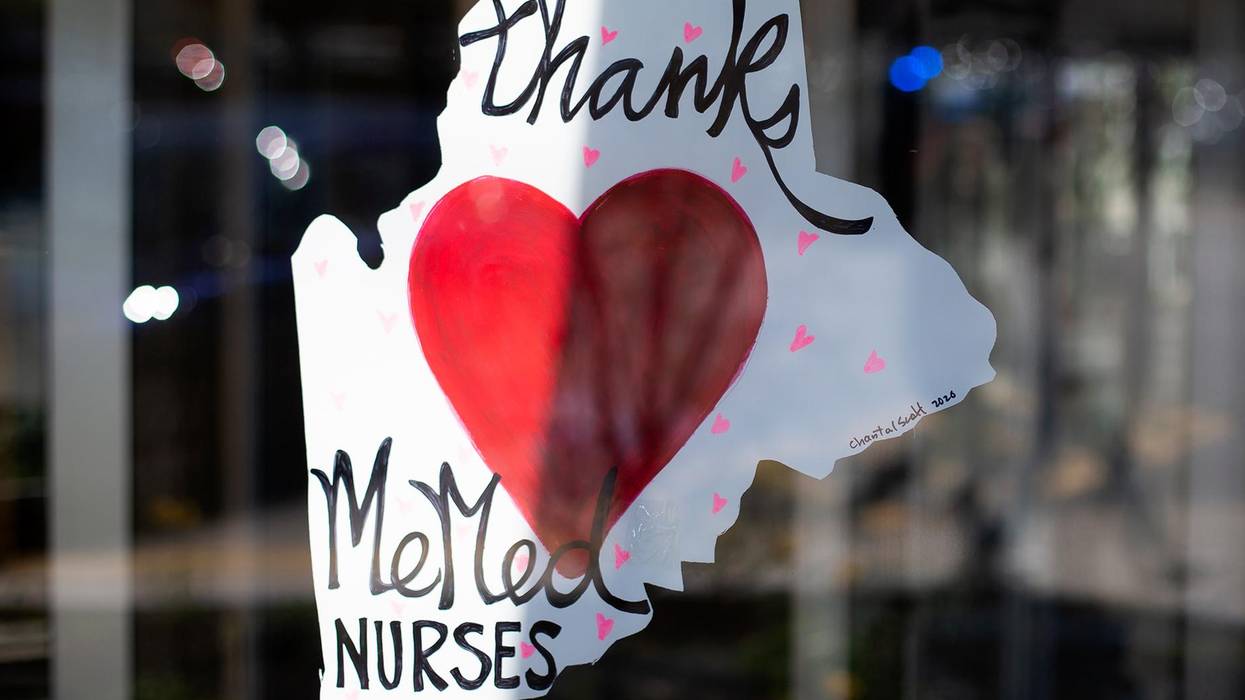 A sign thanking nurses at the South Entrance of Maine Medical Center on May 12, 2020 in Portland, Maine