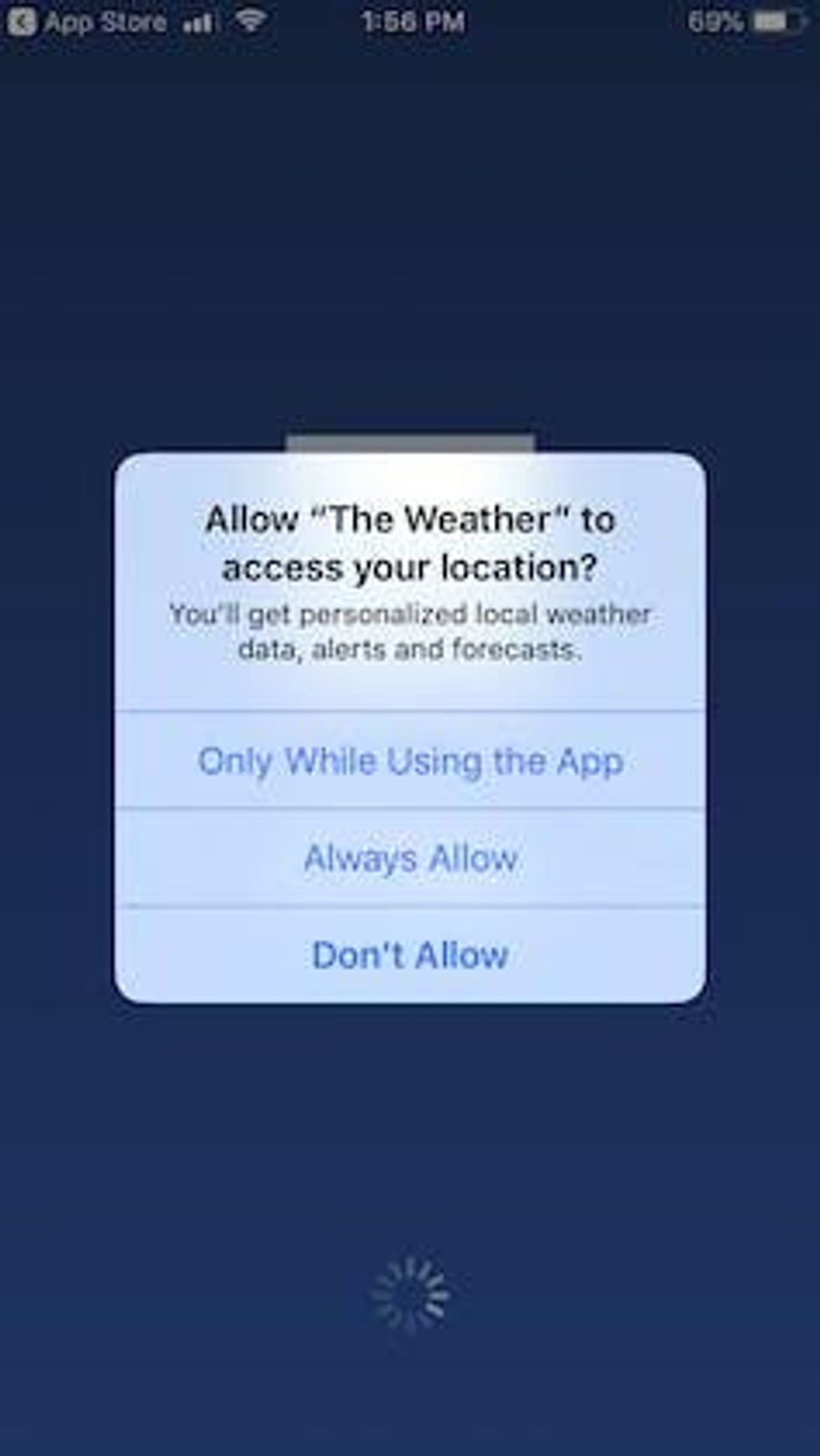 a smart phone screen showing a dialog box offering three options for location settings