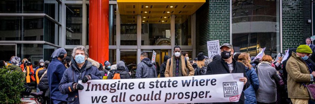 A statewide coalition of community organizations, along with supporting legislators, gathered outside Governor Andrew Cuomo's offices in Manhattan for a rally and press conference to launch of the Campaign for Progressive Revenue, introducing a legislative package to raise revenue during the 2021 budget session.
