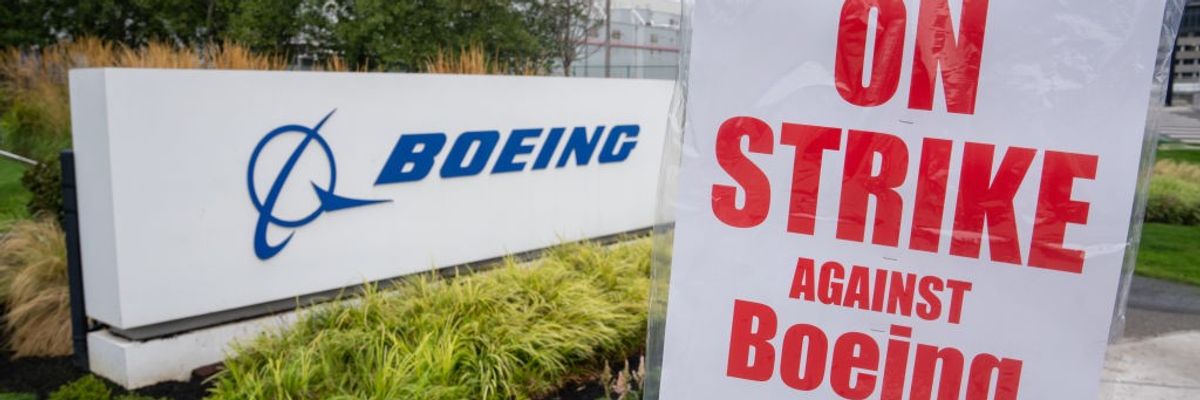 A strike sign is pictured outside a Boeing factory