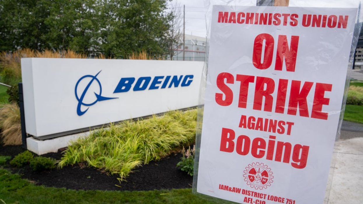 A strike sign is pictured outside a Boeing factory