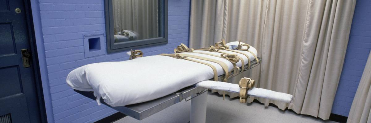 A table fitted with restraints holds down death row prisoners while they are given a lethal injection at Huntsville Unit (Walls Unit) in Huntsville, Texas.