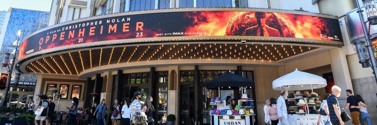 A theater marquee promoting Oppenheimer.