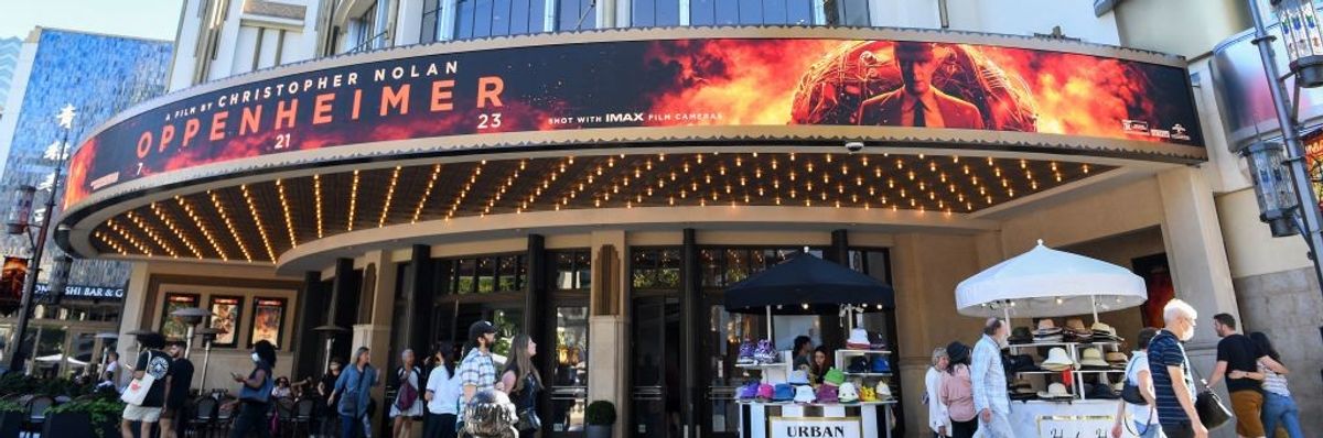 A theater marquee promoting Oppenheimer. 