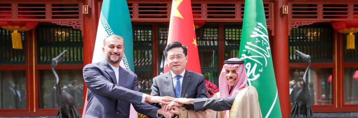 A three-way handshake between Chinese State Councilor and Foreign Minister Qin Gang meets with Saudi Arabian Foreign Minister Prince Faisal bin Farhan Al Saud and Iranian Foreign Minister Hossein Amir-Abdollahian.
