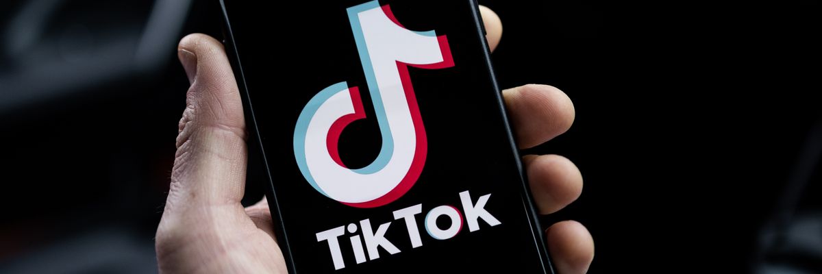 A TikTok logo is displayed on an iPhone on February 28, 2023 in London. 