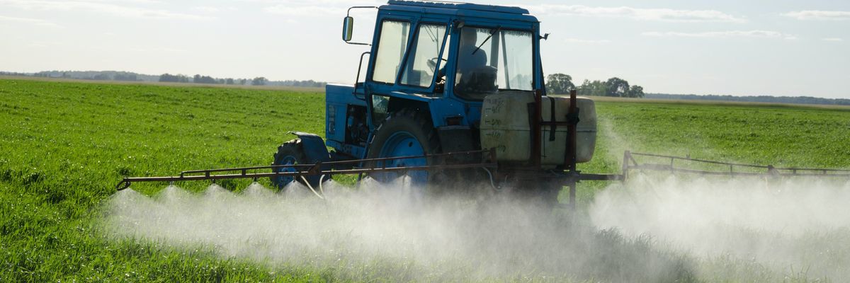A tractor sprays pesticides in a field 
