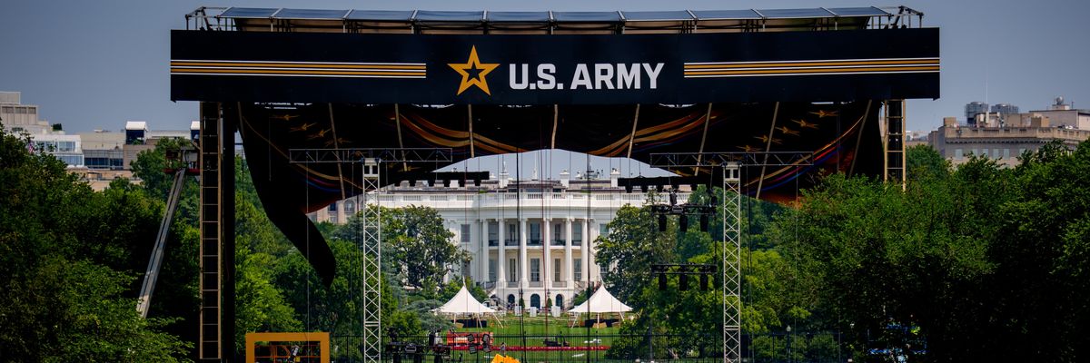 A U.S. Army stand is built in front of the White House.