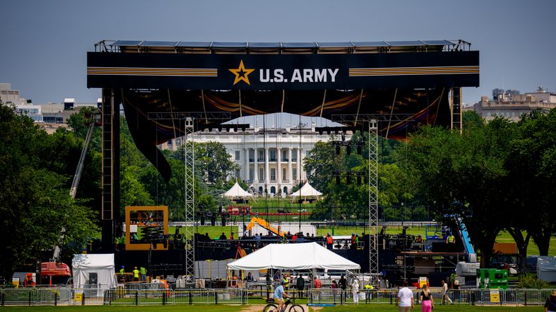 A U.S. Army stand is built in front of the White House.