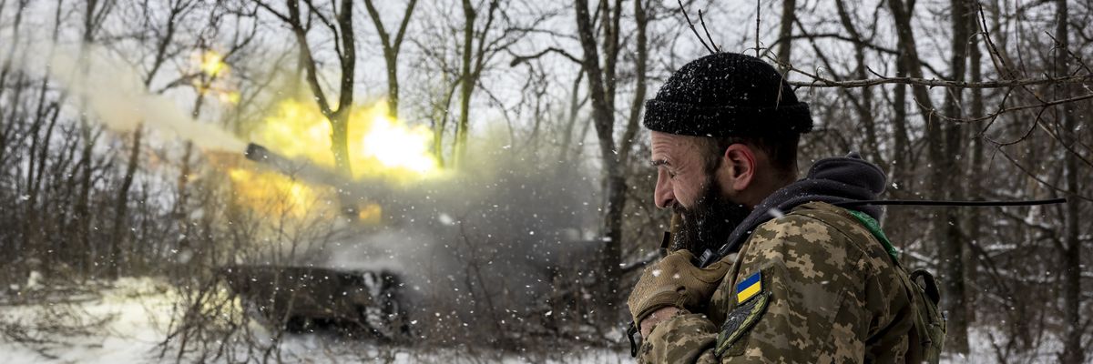 A Ukrainian Army self-propelled 122mm Howlitzer fires on a Russian position on February 18, 2023 near Bakhmut, Ukraine.