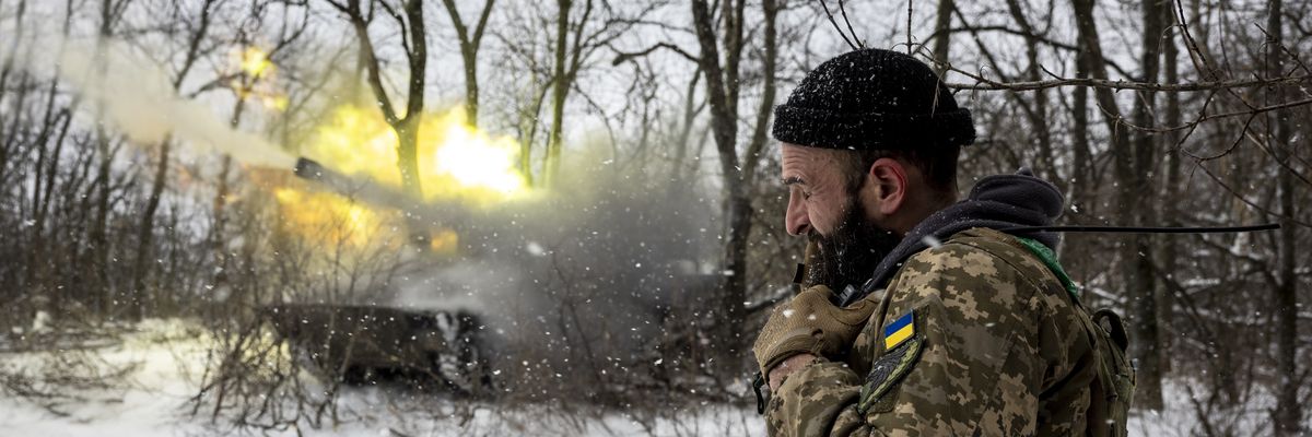A Ukrainian Army self-propelled 122mm Howlitzer fires on a Russian position on February 18, 2023 near Bakhmut, Ukraine.